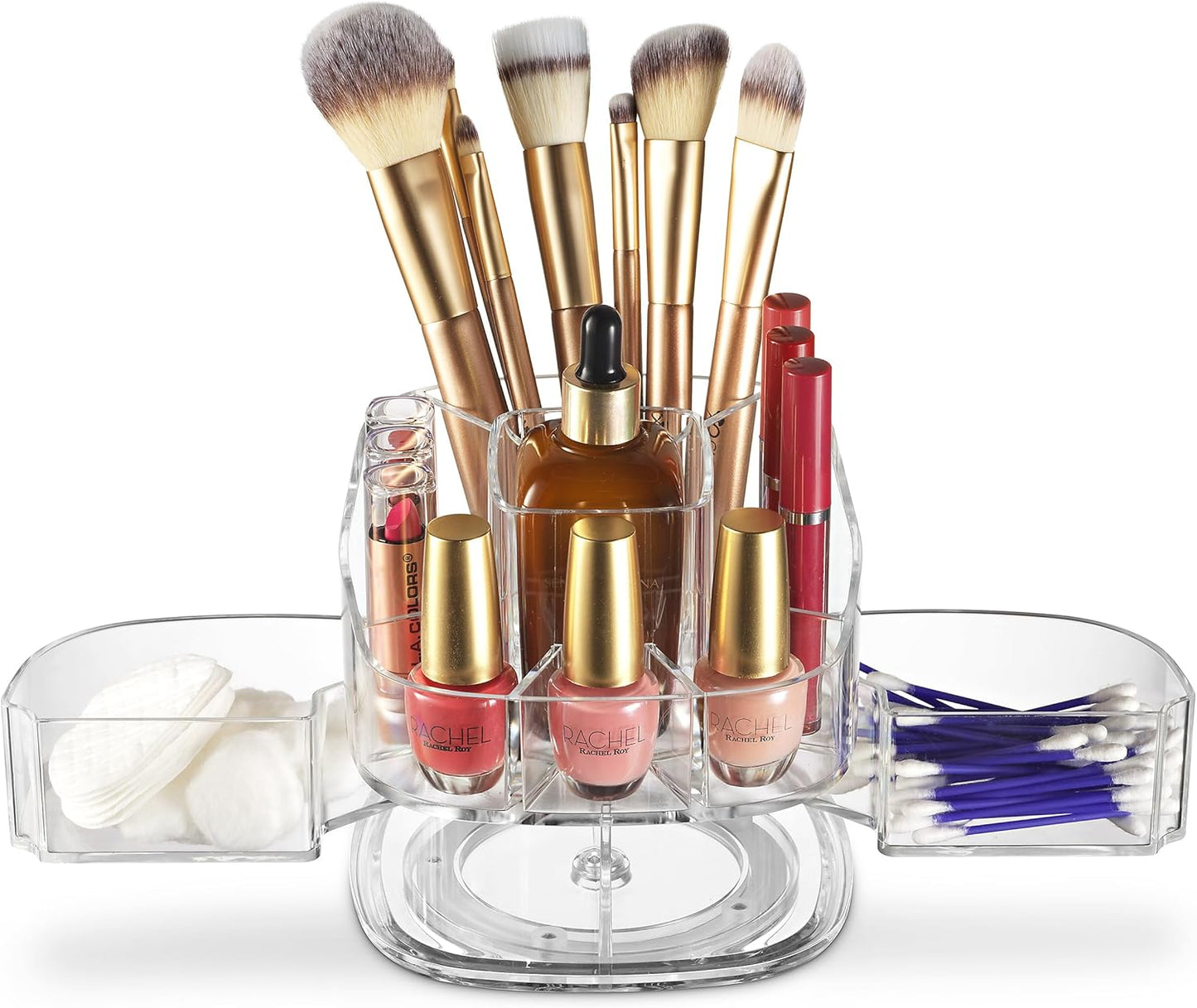 Masirs Small 360 Rotating Makeup Organizer - Mini Yet Spacious Cosmetic Storage Solution with Multiple Compartments - The Perfect Spinning Make-Up Caddy for Vanity or Bathroom Counter (Round - Clear)