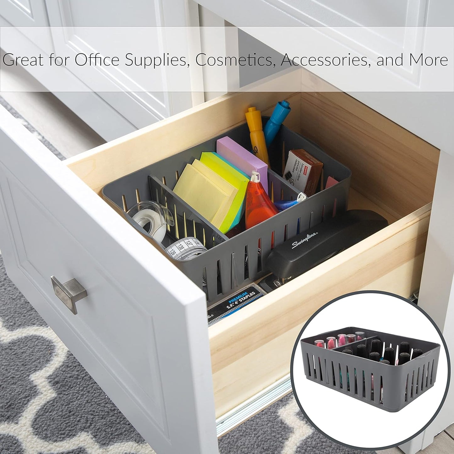 Simplify 4 Compartment Stackable Bin with Adjustable Dividers | Drawer Organizer | Storage Basket | Good for Office | Desk Supplies | Dorm |Bathroom | Accessories | Make Up | Grey