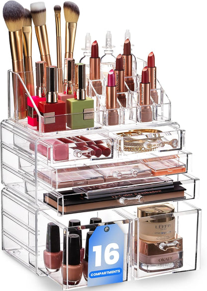 Masirs Clear Makeup Organizer - 16-Compartment Cosmetic and Jewelry Holder with 4 Drawers - Vanity Storage Box for Makeup, Skincare, Accessories, and Jewelry Display
