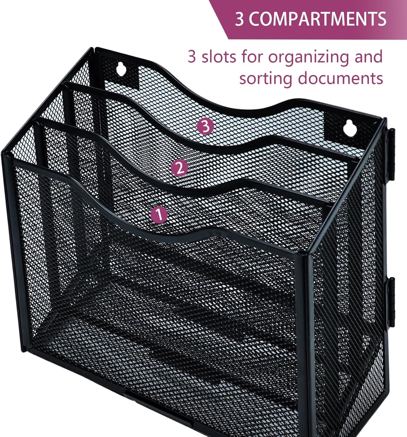 Desk File Organizer, Metal Mesh File Folder Holder Stand with 3 Vertical Compartments Rack, Wall File Organizer File Sorter for Office Supplies Desktop Organization, Black