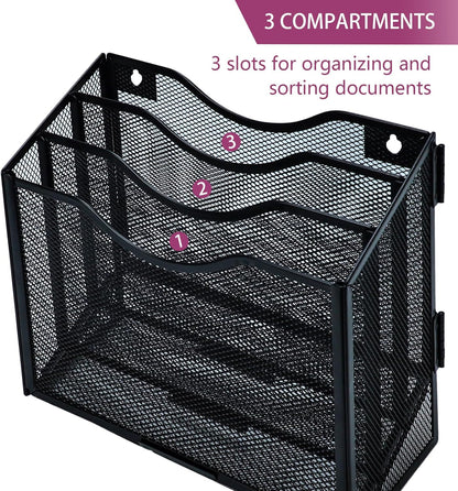 Desk File Organizer, Metal Mesh File Folder Holder Stand with 3 Vertical Compartments Rack, Wall File Organizer File Sorter for Office Supplies Desktop Organization, Black