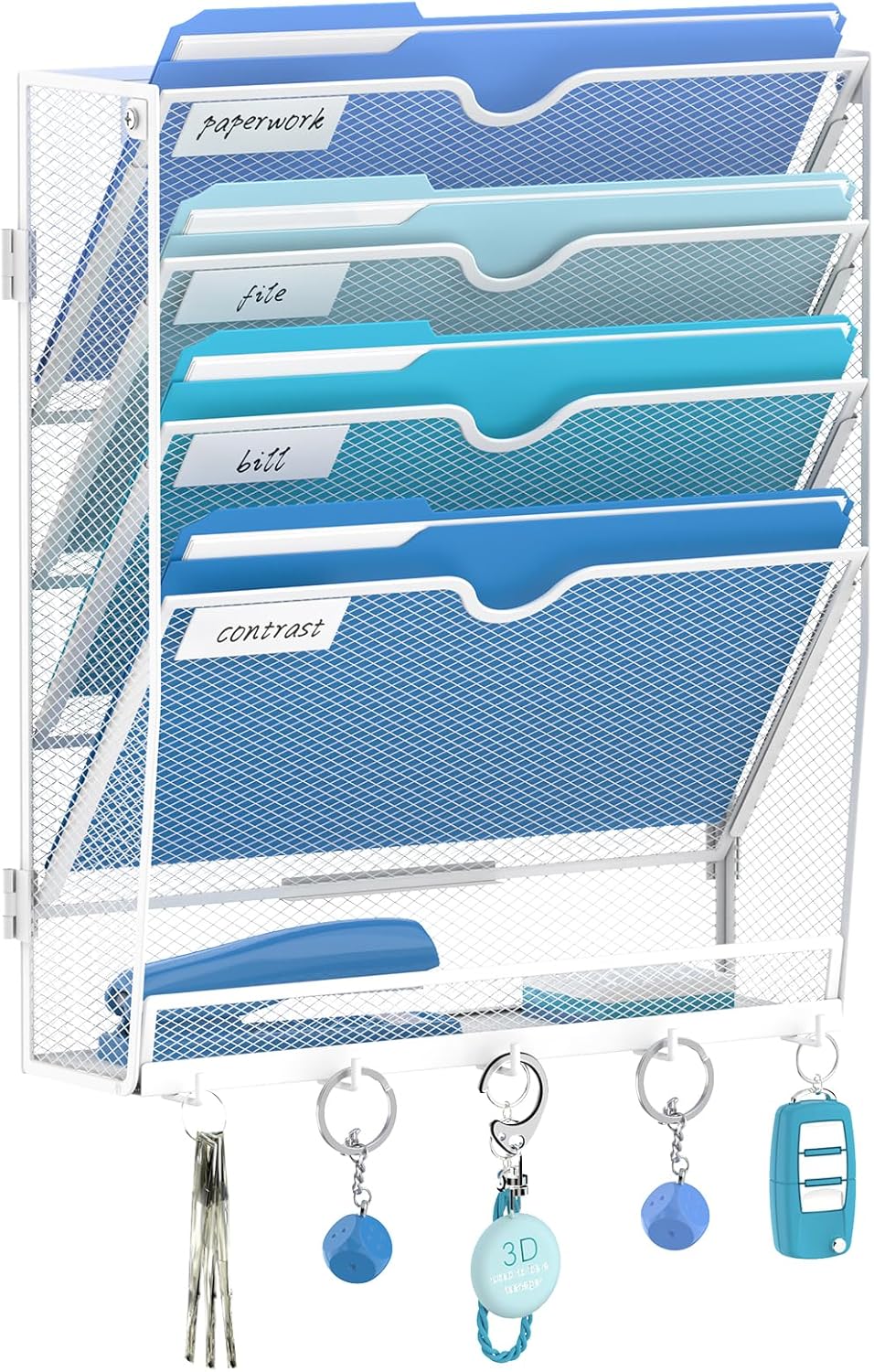 5 Tier Wall File Organizer - Hanging File Organizer with 5 Hooks, Mail Holder Wall Mounted for Papers, Folders, Magazines, Bills, Office&School Organization, Black