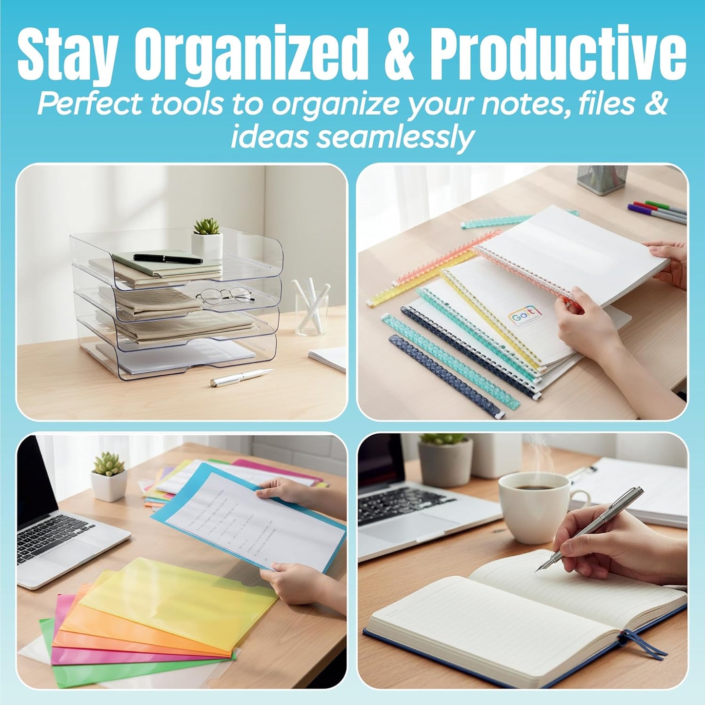 Acrylic File Organizer with 1 Ring Binder, 2 Clear Files & 1 Diary – 4 Tier Stackable Paper Letter Tray Desk Organizer, Clear Document Holder for Letter/A4, Office Files, Notes & Home Office Storage