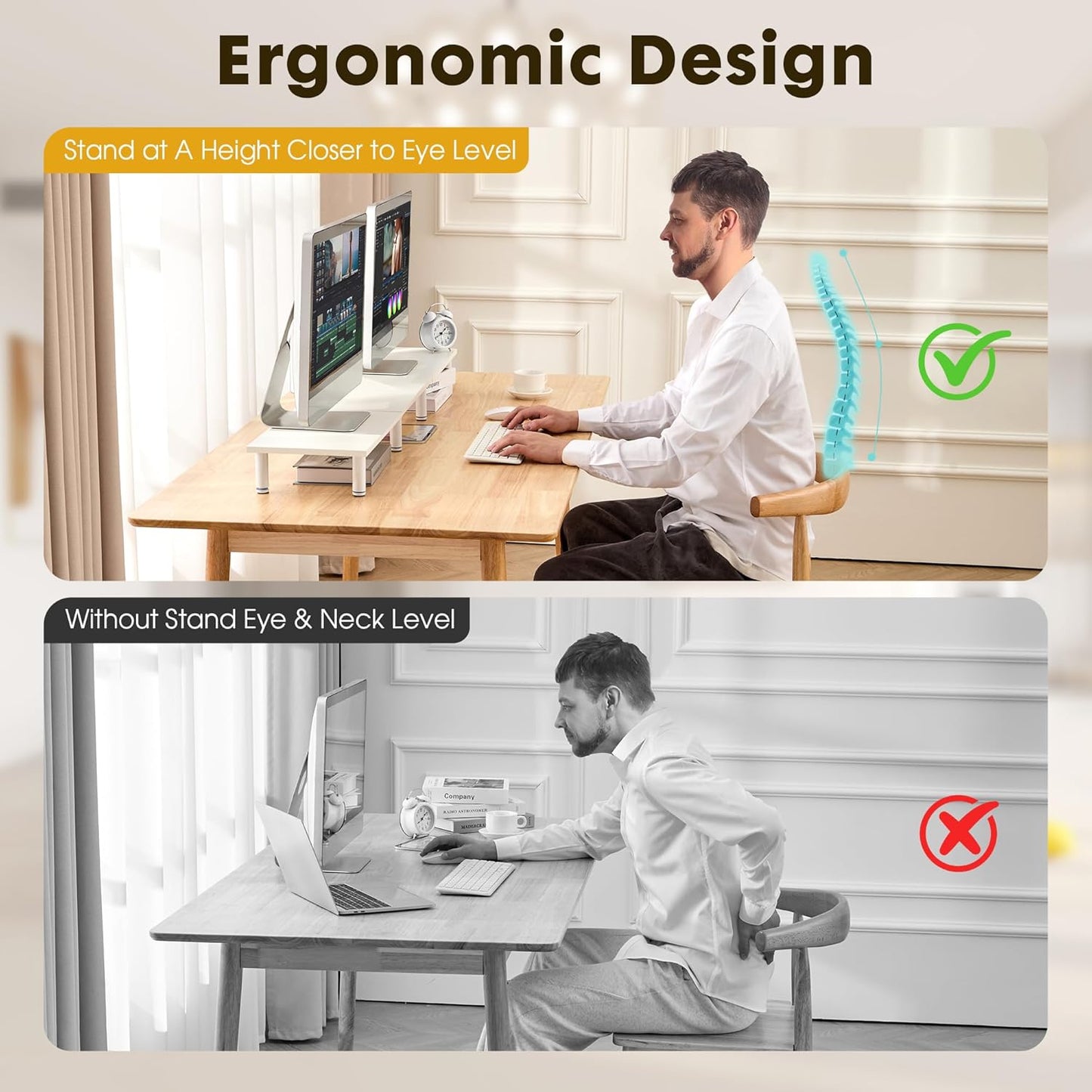 La Jaco 47 Inch Extra-Long Dual Monitor Stand Riser for 2 Monitors, Desk Shelf TV Riser Blocks, Wood and Steel Desktop Riser for Computer, Laptop, Printer, Home Office Organization, White