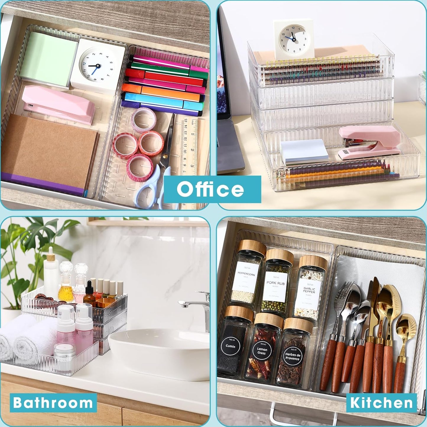 Teenyyou 8 Pcs Clear Drawer Organizers Bins Stackable Makeup and Vanity Organizer Trays Clear Plastic Drawer Organizers Set for Office Desk Dividers(9.9 x 6.3 x 1.8 Inches)