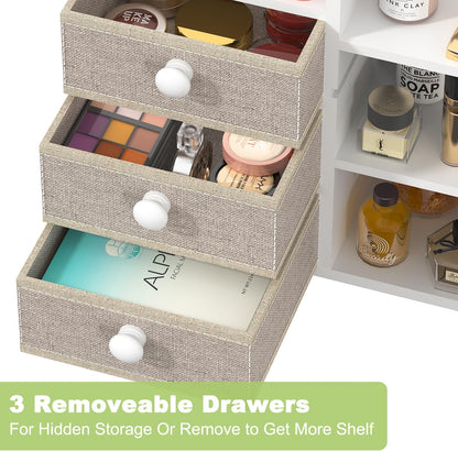 Large Makeup Organizer For Vanity, Large Capacity 3 Tiers Bamboo Bathroom Counter Organizers and Storage, Countertop Makeup Brush Holder, Nail Polish Perfume Stand with 3 Drawers and 10 Compartments