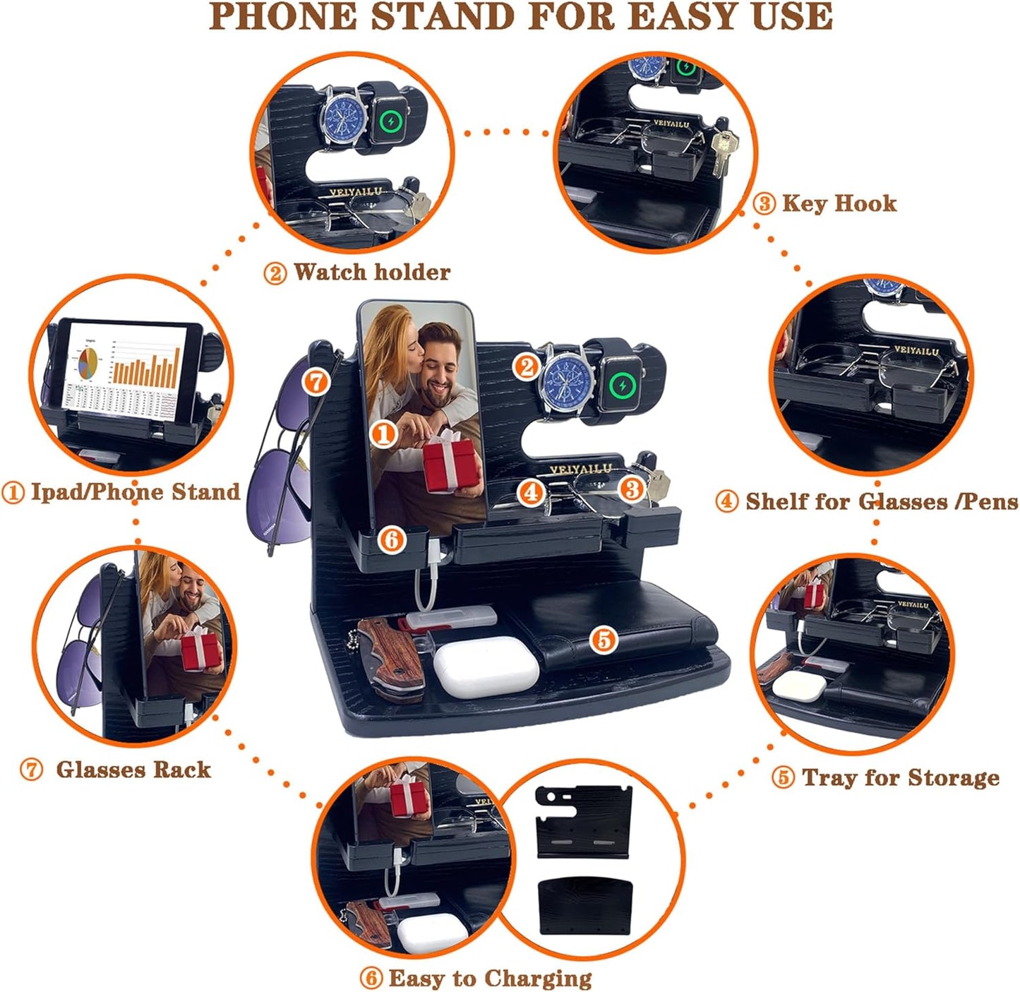 VEIYAILU Gifts for Men Women Dad Husband Boyfriend Wood Phone Docking Station Nightstand Organizer for Men Birthday Gifts (Dark Brown)