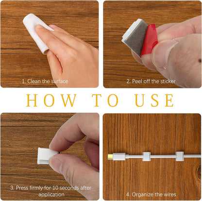 White Adhesive Ethernet Cable Clips – Flat & Round Cord Holders for Wall, Desk, Car, and Light Cable Organization (100-Pack)