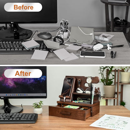 TESLYAR Wood Phone Docking Station with Drawer - Nightstand Organizer - Desk Organizer for Husband - Birthday Gifts for Men, Dad, Anniversary Idea, Key Holder Stand Watch & Accessories (Antique Brown)