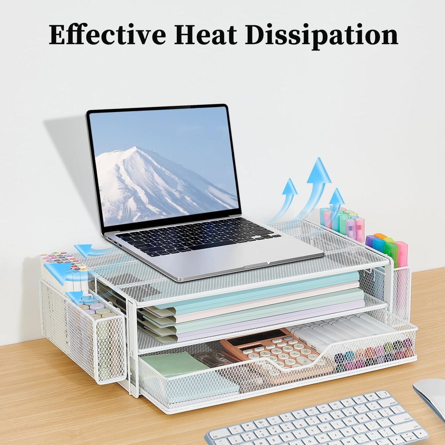 AUPSEN Wood Desk Organizers and Accessories, 2-Tier Computer Monitor Stand Riser with Drawer, Pen Storage & Phone Holder, Office Desk Accessories, Workspace Desktop Organization for Office Supplies（Brown）
