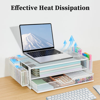AUPSEN Wood Desk Organizers and Accessories, 2-Tier Computer Monitor Stand Riser with Drawer, Pen Storage & Phone Holder, Office Desk Accessories, Workspace Desktop Organization for Office Supplies（Brown）