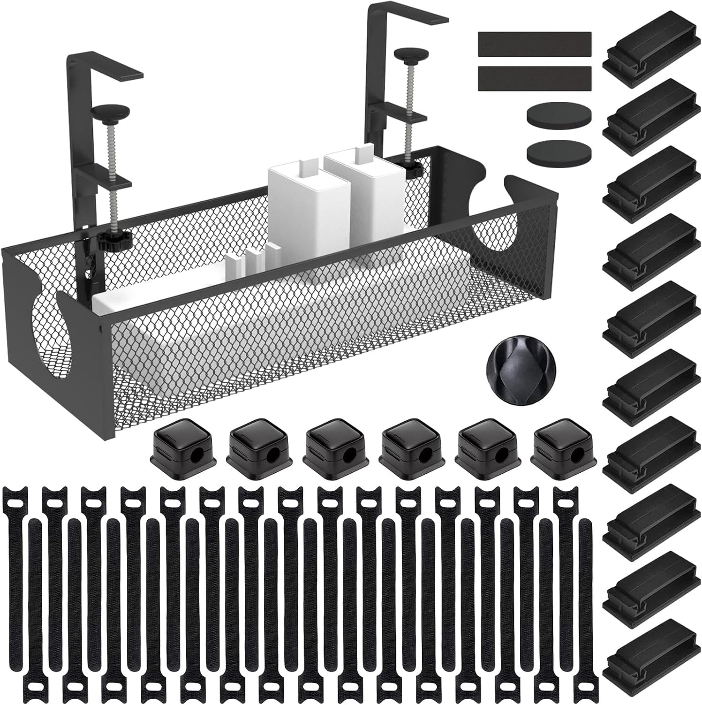 Under Desk Cable Management Tray, No Drill Steel Cord Organizer Kit with 52Pcs Different Essential Accessories for Home Office Standing Desk (13.4inch, Black)