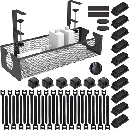 Under Desk Cable Management Tray, No Drill Steel Cord Organizer Kit with 52Pcs Different Essential Accessories for Home Office Standing Desk (13.4inch, Black)