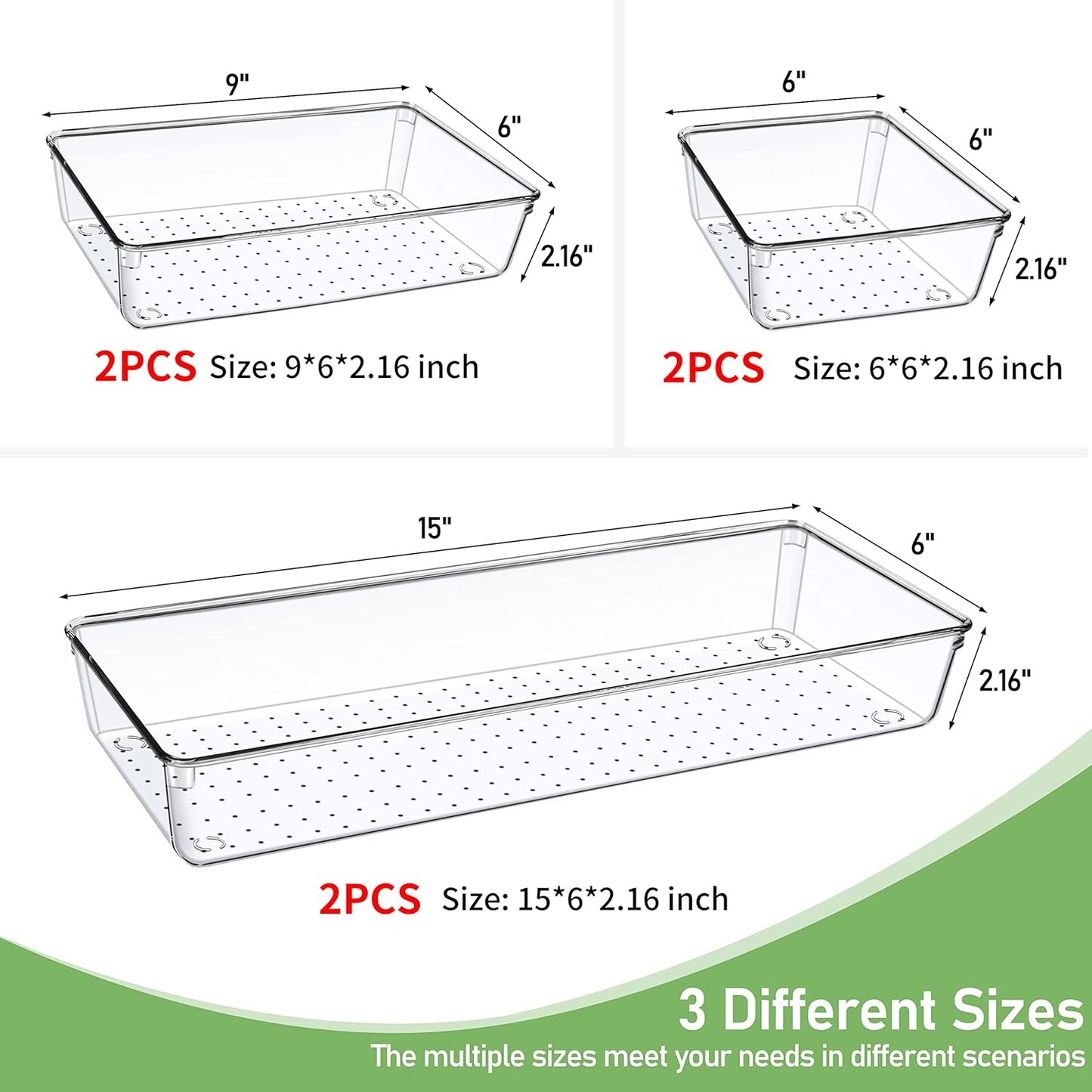 6 Pack Drawer Organizers, Plastic Clear Acrylic Non Slip Non Cracking kitchen drawer organizer Stackable Bathroom Drawer Organizer Trays, Storage Bins for Makeup, Bathroom, Kitchen Office