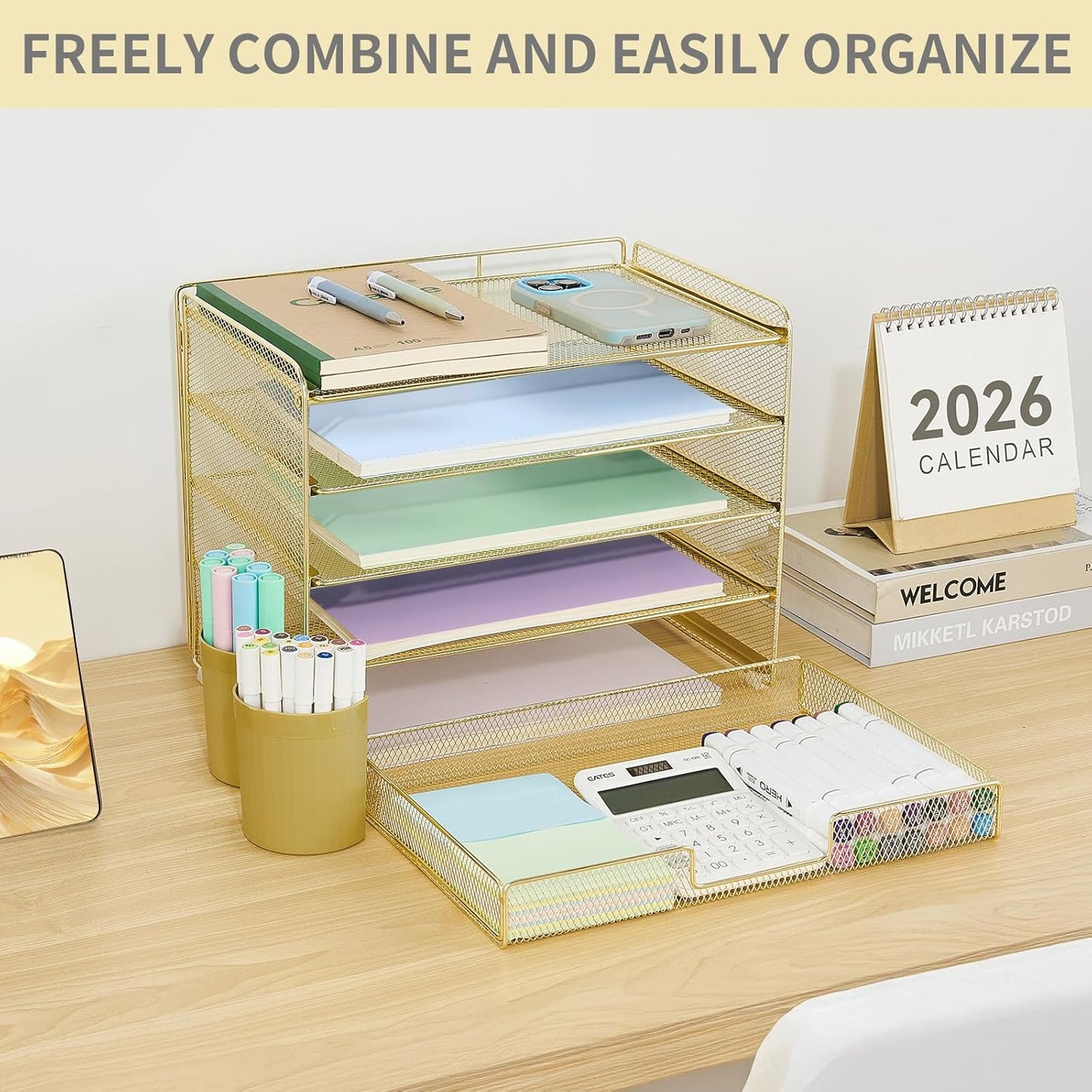 LEKETREE Desk Organizers and Accessories, 5-Tier Paper Letter Tray Organizer with File Holder, Desktop Organizer for Office Supplies (Black)
