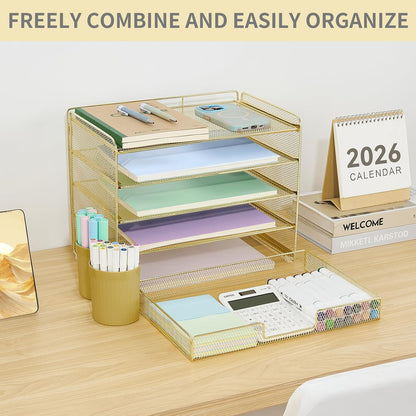 LEKETREE Desk Organizers and Accessories, 5-Tier Paper Letter Tray Organizer with File Holder, Desktop Organizer for Office Supplies (Black)