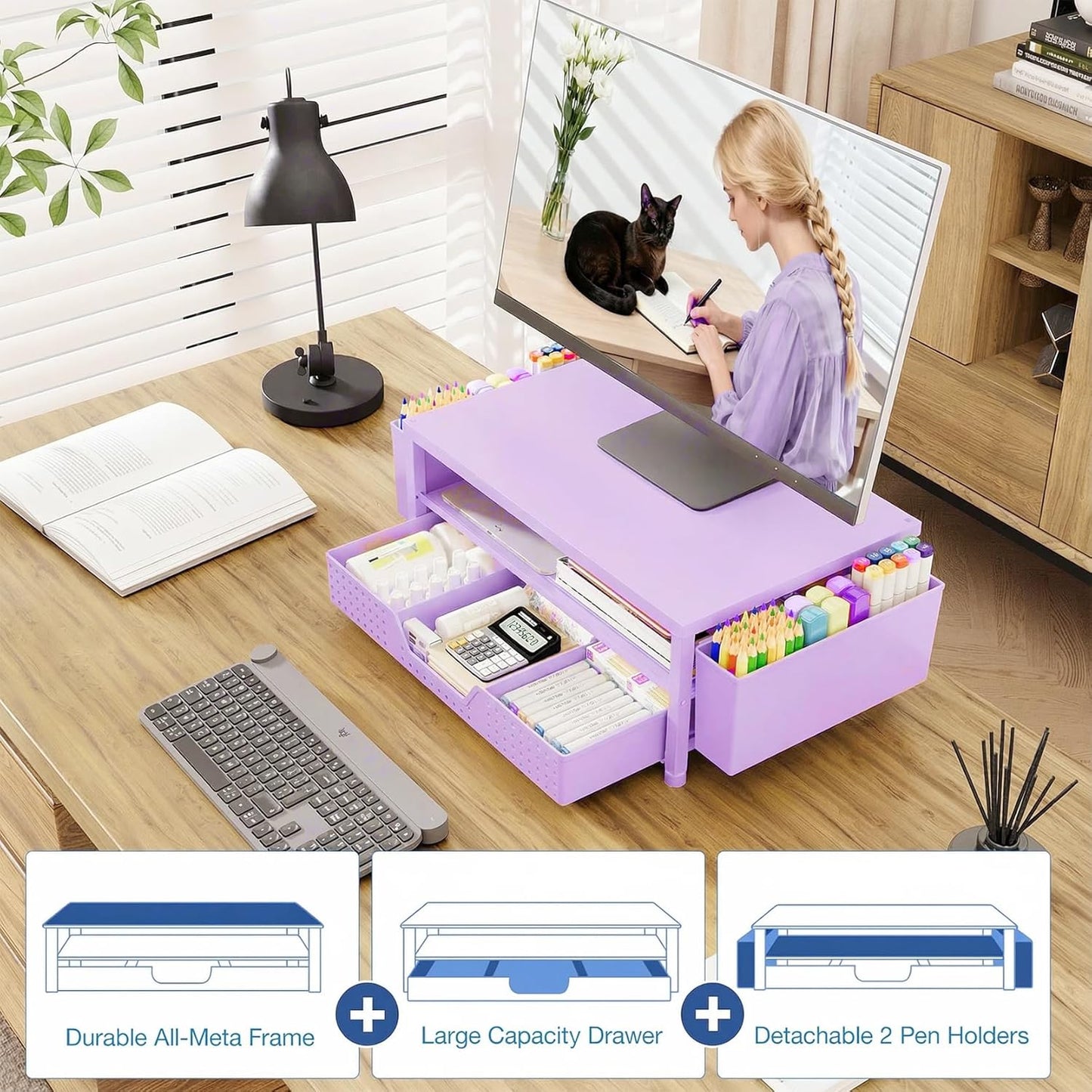 OPNICE Desk Organizers and Accessories, Computer Monitor Stand Riser with Drawer and 2 Pen Holders, Printer & Laptop Stand, Office Desk Accessories & Workspace Organizers for Home Office Supplies, Black