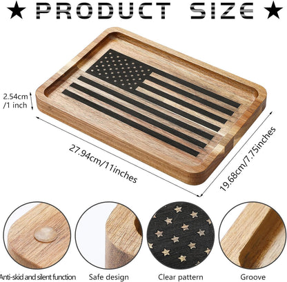 Newtay American Flag Valet Tray for Men Wood Catch All Dump Tray EDC Organizer Every Day Carry Bedside Nightstand Table Entryway Holder for Keys Wallet Watches Phones Jewelry 11 x 7.75 x 1 Inch