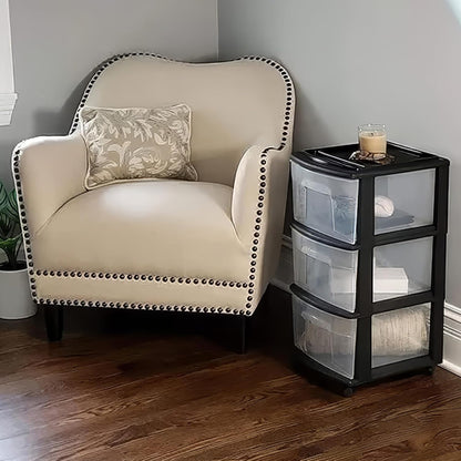 HOMZ Drawer Tower, 3-Tier Rolling Storage Cart with Removable Wheels, White Frame – Plastic Organizer with Clear Bin Drawers for Bedroom, Bathroom, Home Office, and Dorm Room