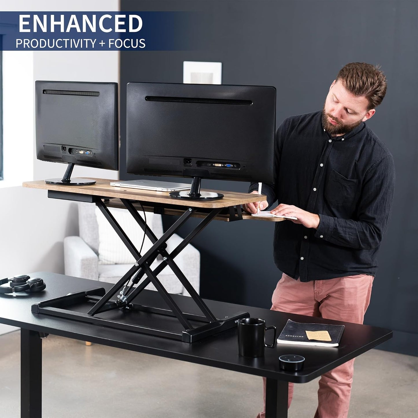 VIVO 26 inch Desk Converter, K Series, Height Adjustable Sit to Stand Riser, Dual Monitor and Laptop Workstation with Keyboard Tray, Black, DESK-V026KB