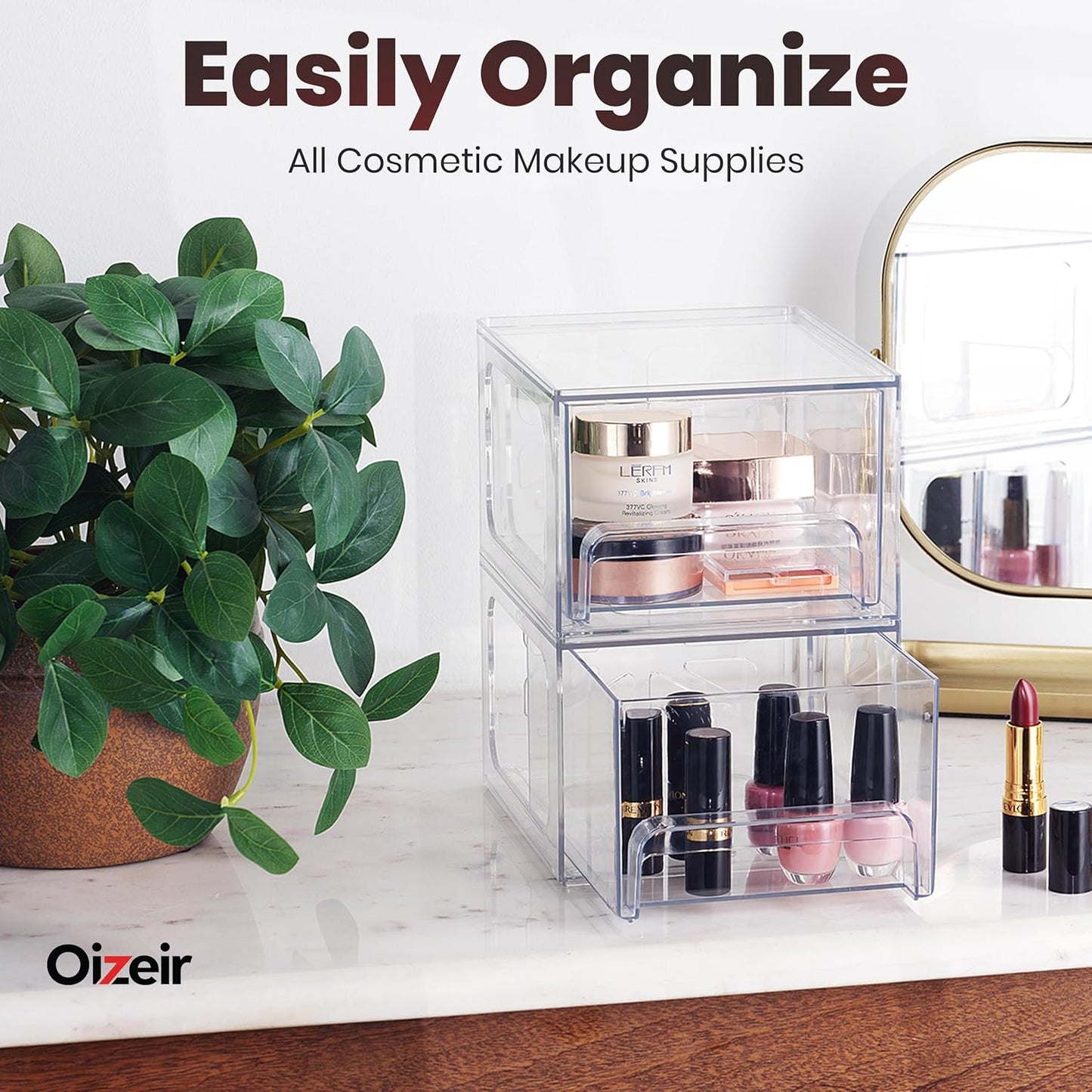 Oizeir Acrylic Drawer Organizer 2-Pack – Clear Stackable Storage Drawers for Makeup, Skincare, Vanity, Bathroom, Under Sink, Kitchen & Office – Non-Slip, Durable, Multi-Purpose Organizer Bins