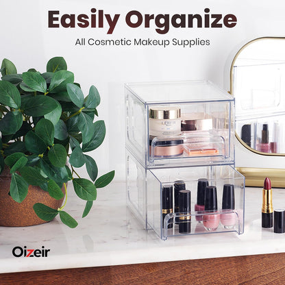 Oizeir Acrylic Drawer Organizer 2-Pack – Clear Stackable Storage Drawers for Makeup, Skincare, Vanity, Bathroom, Under Sink, Kitchen & Office – Non-Slip, Durable, Multi-Purpose Organizer Bins