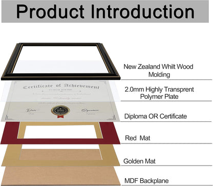 ELSKER&HOME Diploma Frame - Wide Solid Wood Frame - Black Velvet Golden Rim Mat - Semi-Tempered Glass - Includes Hanging Hardware and Desktop Easel(ONLY Display 11×14 Document/Certificate)