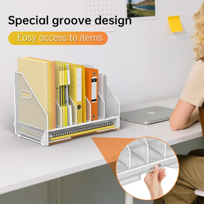 Docnest Desk File Holder Sorter, 4 Vertical Compartments Rack with Letter Tray, Mesh Magazine File Holder with Handle,Workspace Organizers,Desk Organizers for Paper, Mail, Documents-Black