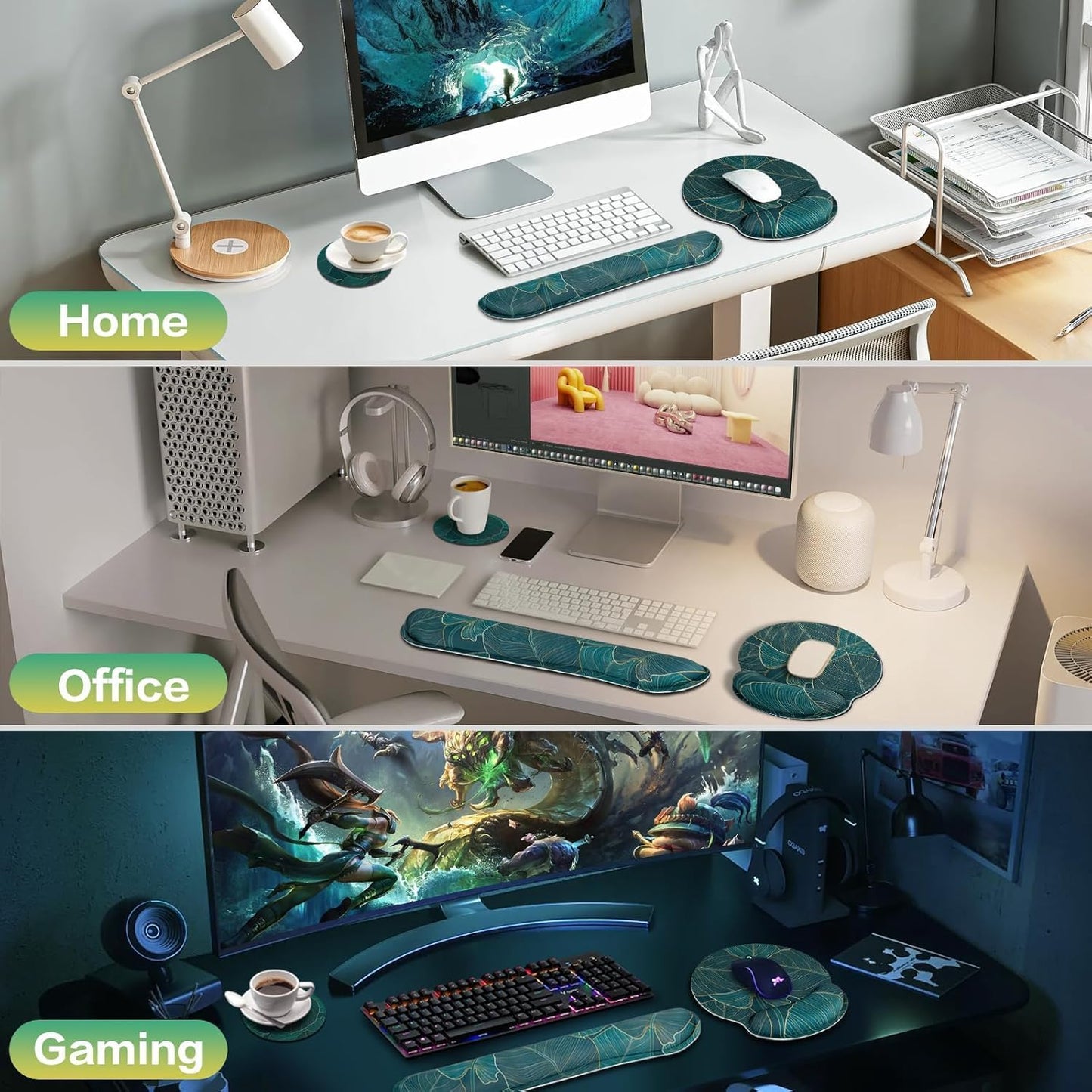 Mouse Pad with Wrist Rest Set, Qomolama 3-in-1 Wrist Support Mouse Pad Set, Floral Gaming Mousepad with Anti-Skid Base,Ergonomic Mouse Pad,Memory Foam Keyboard Gel Wrists Rest