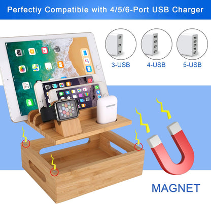 Bamboo Wood Desktop Organizer Charging Docking Station Charger Holder Cradle Charge Stand compatible with iPhone 16 15 Pro Max iPad Apple Watch Ulrta 10 9 8 7 6 5 4 iWatch AirPods Pro 2 3 4 Smartphone