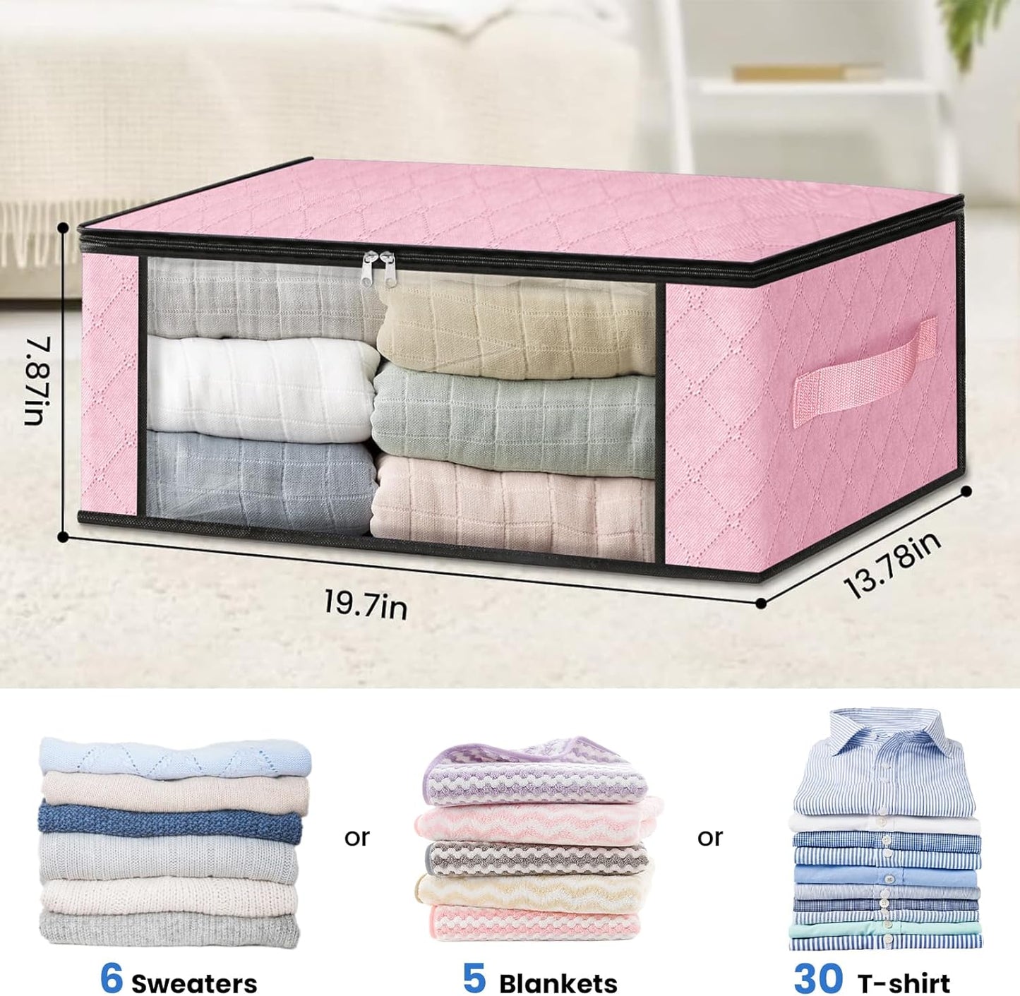 HomeHacks Storage 3-Pack Clothes Organizer Storage Bags Foldable Storage Box with Large Clear Window Sturdy Handles for Closet, Dorm, Pillows, Bedding, Clothes, Blankets, 35L, Gray