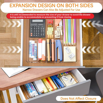 Yieach Large Expandable Desk Drawer Organizer Tray for Office Supplies and Accessories With 12 Adjustable Compartments,Office Drawer Organizers for Pencil,Pen and Kitchen Junk Drawer Organizer,Clear