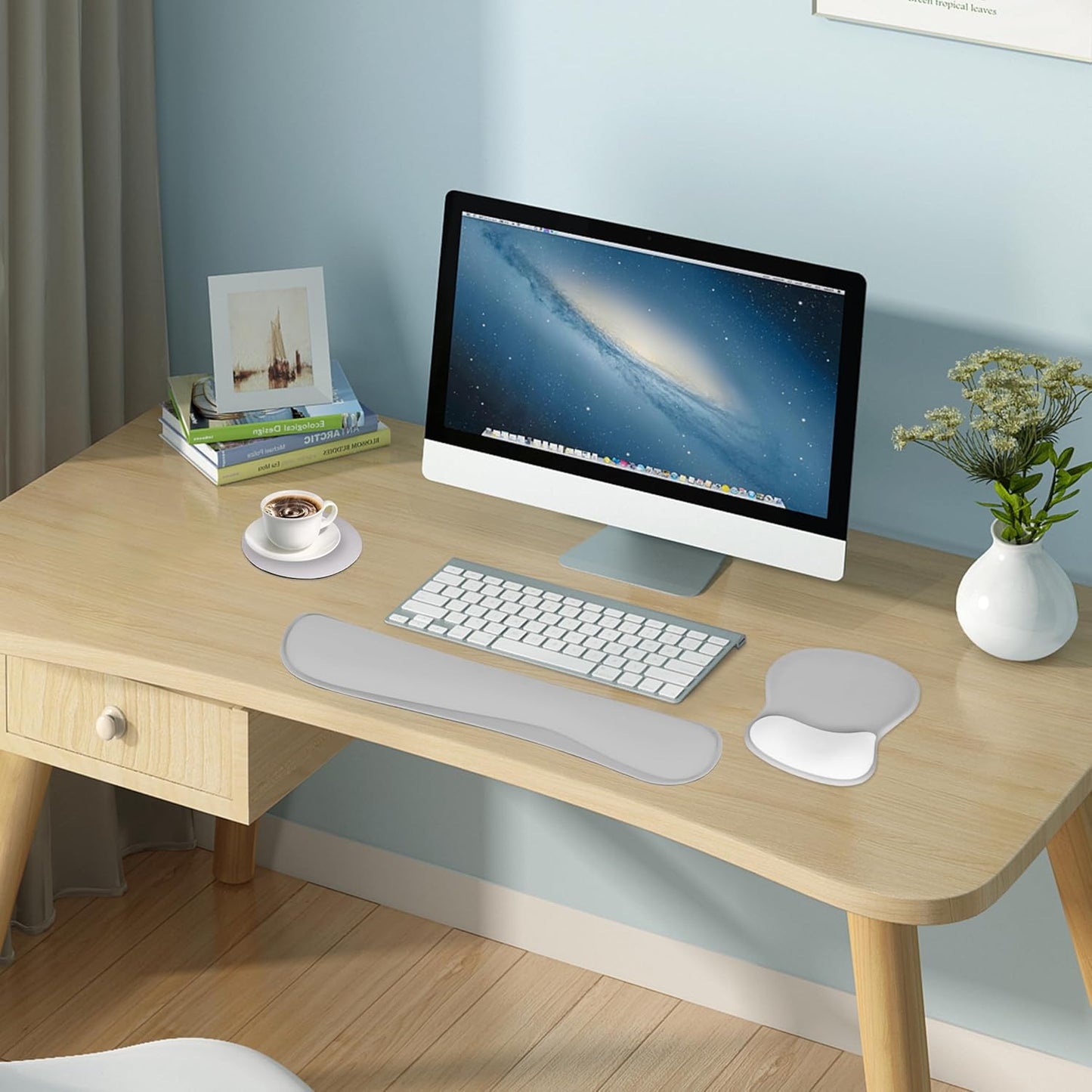 Wrist Rest Support for Mouse Pad Keyboard Set Circle Coaster Gaming Mouse Pad Ergonomic Gel Memory Foam Set for Computer, Laptop, Office, Pain Relief, Comfortably Typing Flowers KM-39