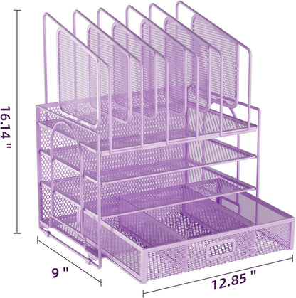 Marbrasse Desk Organizer with Drawer, 4-Tier Mesh File Organizer with 5 Vertical File Holders and 2 Pen Holders, Multifunction Desktop Organizer,Desk Organizers and Accessories for Home Office