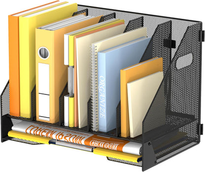 DALTACK Magazine File Holder, 5 Vertical Compartments Rack Binder Holder with Paper Tray, Metal Magazine Organizer for Office, Home, School (Black)