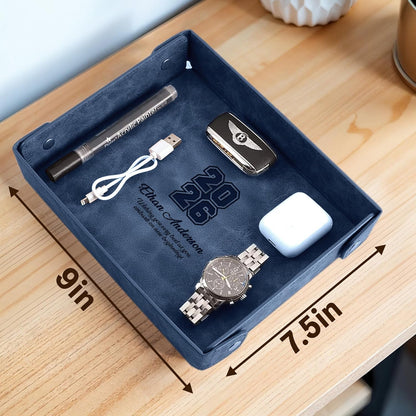 Engraved Leather Valet Tray for Men – Personalized Catchall with Custom Name for Desk, Dresser, Nightstand – Men's Organizer Tray for Keys, Wallet, Jewelry, Personalized Gift for Home, Office - Coffee