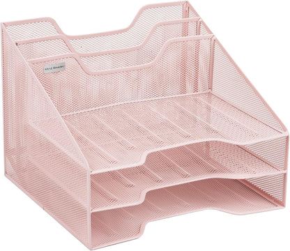 Mind Reader Metal Mesh Desktop File Organizer, 3-Tier Paper Tray with 5 Compartments, Office Mail Sorter, White