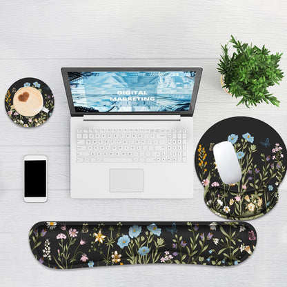 Ergonomic Mouse Pad with Wrist Rest and Keyboard Wrist Rest, Memory Foam Wrist Rest for Computer Keyboard, Easy Typing, Pain Relief, Mouse Pad Wrist Support for Gaming,Office, Laptop, Black Flower
