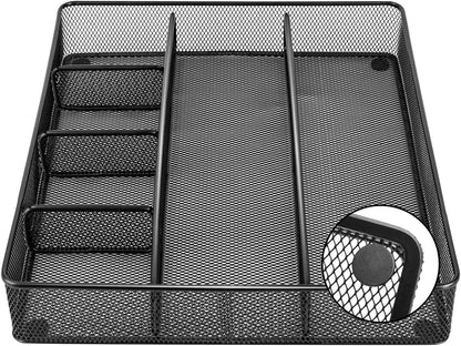 Amazon Basics Metal Mesh Desk Organizer with 6 Compartments, Anti-Slip Pen Holder Storage Tray for Office Supplies and Home, Black