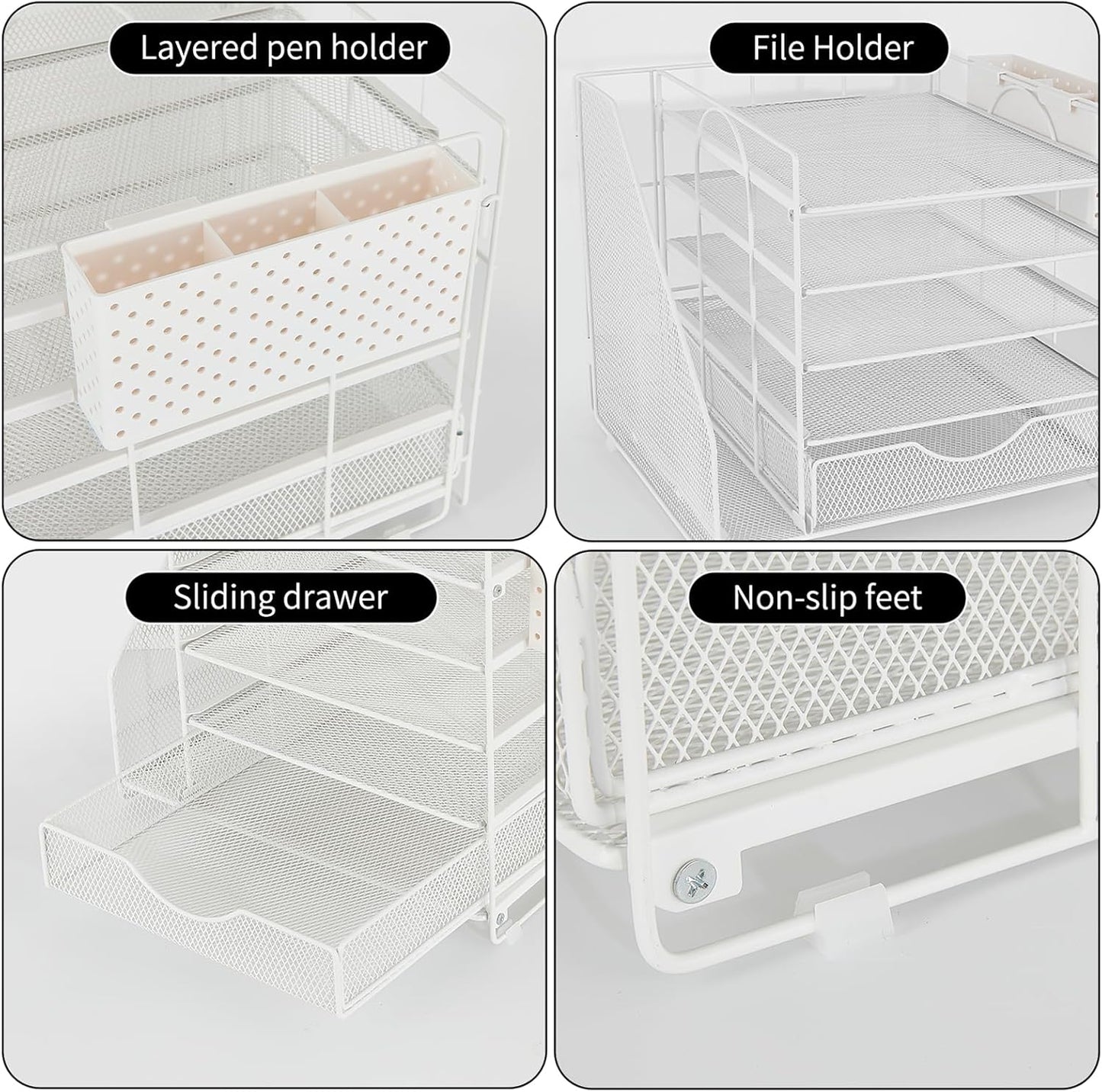 Desk Organizer with Drawer and Pen Holder, 5-Tier Paper Letter Tray Organizer with File Holder, Suitable for Workspace Organizer Office Supplies Storage (Black)