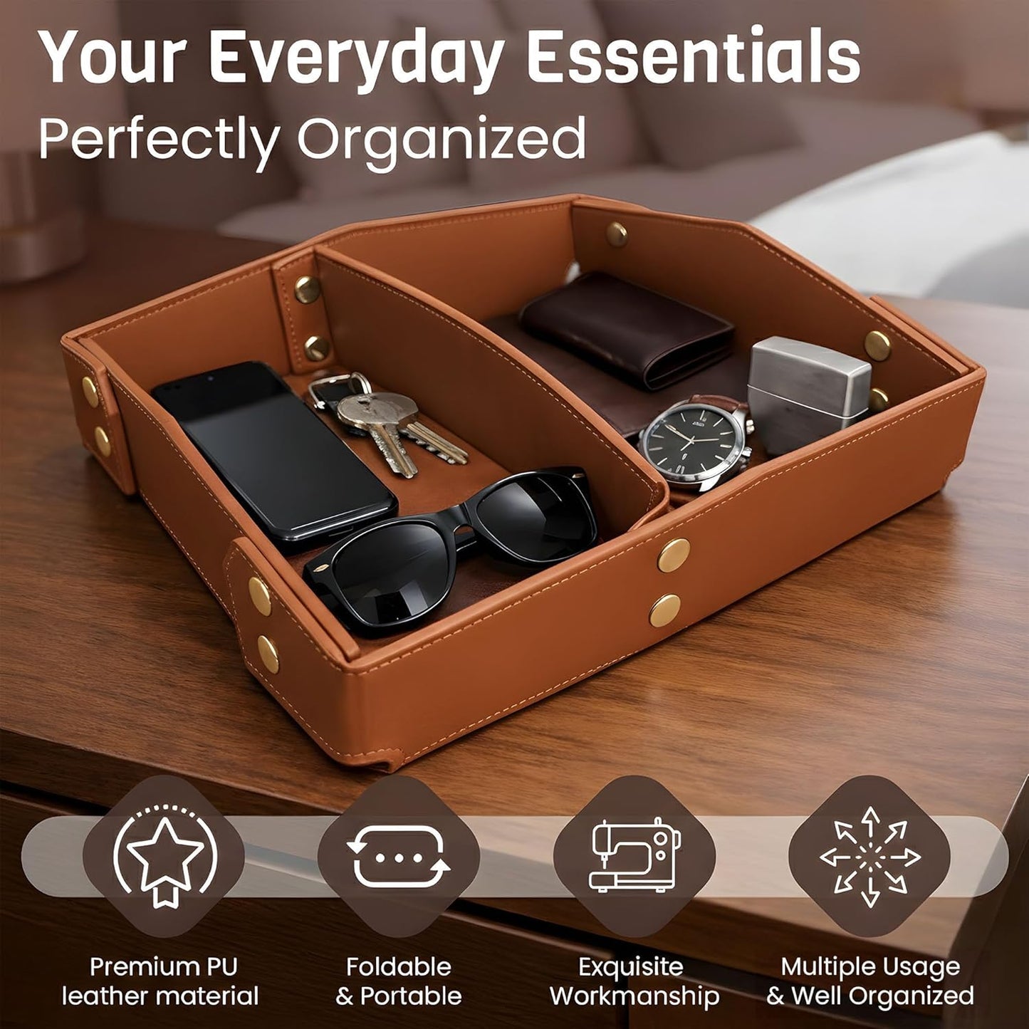 Valet Tray Organizer for Men & Women - PU Leather Catch All Tray with Removable Divider - EDC Storage for Keys, Watch, Phone - Nightstand, Dresser & Desk Organizer - Pacific Navy