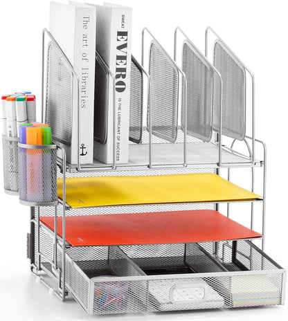 Marbrasse Desk Organizer with Drawer, 4-Tier Mesh File Organizer with 5 Vertical File Holders and 2 Pen Holders, Multifunction Desktop Organizer,Desk Organizers and Accessories for Home Office