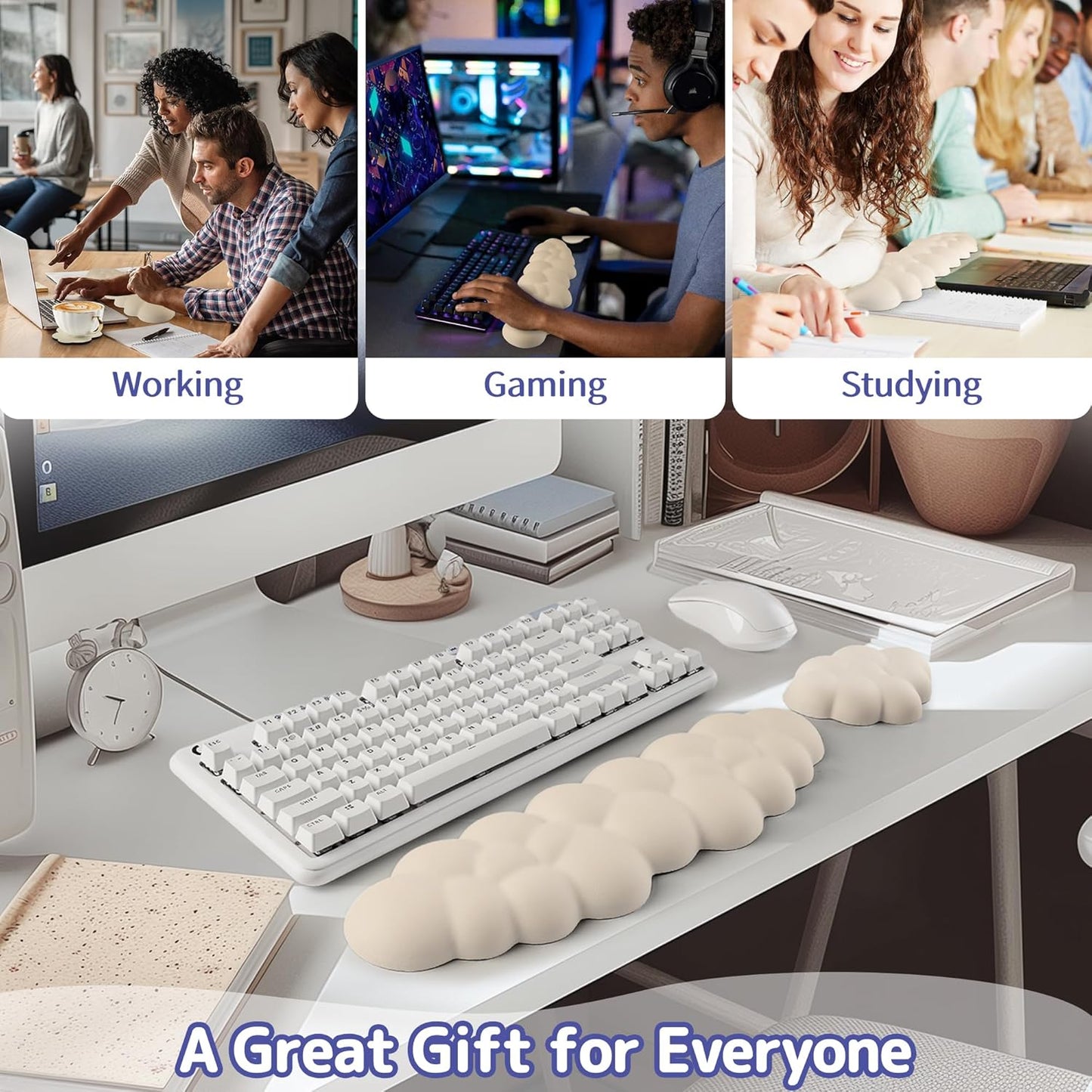 Sushret Cloud Wrist Rest Keyboard, Cloud Keyboard Wrist Pad Set with PU Leather Memory Foam, Cute Arm Rest for Palm Support, PC/Gaming Desk Accessories/Office Setup/Computer Hand Cushion - White