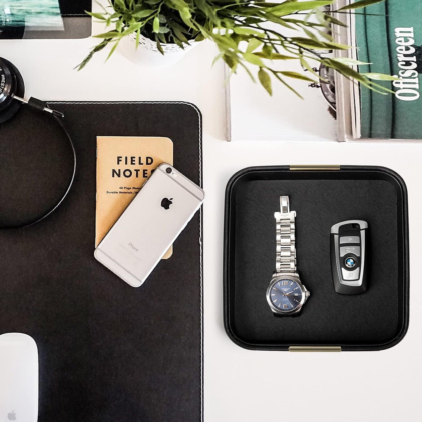 SANZIE Luxury Leather Desktop Storage Small Catchall Organizer Decorative Tray for Entryway Table to Hold Jewelry Watch Cosmetics Keys Phone Wallet, Home & Office Accessories (Metal Silvered, Black)