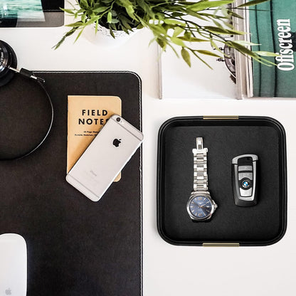 SANZIE Luxury Leather Desktop Storage Small Catchall Organizer Decorative Tray for Entryway Table to Hold Jewelry Watch Cosmetics Keys Phone Wallet, Home & Office Accessories (Metal Silvered, Black)