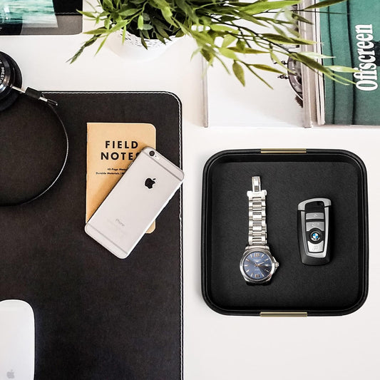 SANZIE Luxury Leather Desktop Storage Small Catchall Organizer Decorative Tray for Entryway Table to Hold Jewelry Watch Cosmetics Keys Phone Wallet, Home & Office Accessories (Metal Silvered, Black)
