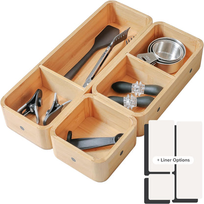 Modular Drawer Organizer Set – Kitchen Edge Storage with 3 Containers & 5 Compartments, Magnetic with Removable Inserts, Stackable, Rubber Liners & Non-Slip Base, 9in x 13.5in x 2.4in, 100% Bamboo
