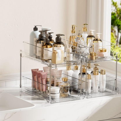 Vtopmart 4 Pack Bathroom Organizer, 2 Tier Clear Under Sink Organizers Vanity Countertop Storage Container,Cabinet Drawers Bins, Pull-Out Organization with Track for Pantry, Kitchen