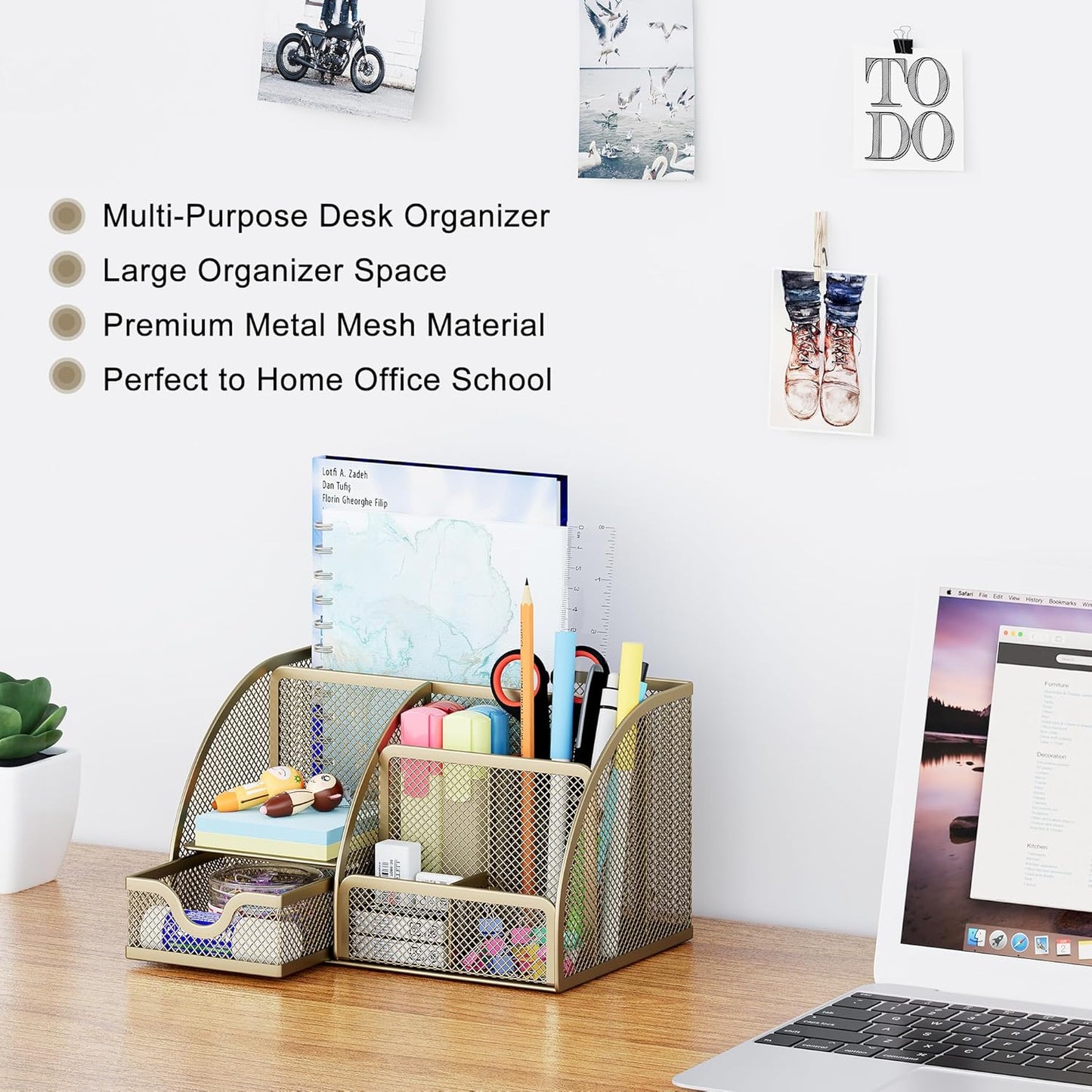 EasyPAG Mesh Desk Organizer with Drawer Multi-functional Pen Holder Stationery Organizer for Office School Supplies 6 Compartments Dorm Organizers and Storage for Desk, Black