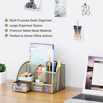 EasyPAG Mesh Desk Organizer with Drawer Multi-functional Pen Holder Stationery Organizer for Office School Supplies 6 Compartments Dorm Organizers and Storage for Desk, Black